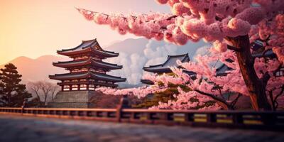 ai gegenereerd kers bloesems tegen de achtergrond van een Japans tempel generatief ai foto