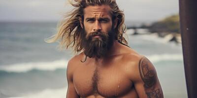 ai gegenereerd getatoeëerd Mens surfer Aan de strand generatief ai foto