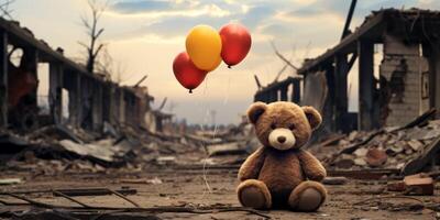 ai gegenereerd teddy bears tegen de backdrop van een vernietigd stad generatief ai foto