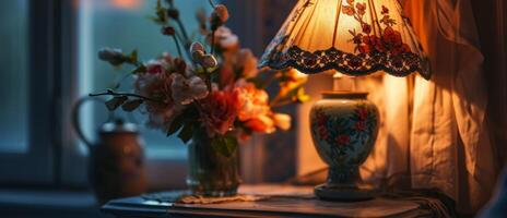 ai gegenereerd lamp en vaas met bloemen Aan de nachtkastje tafel De volgende naar de bed generatief ai foto