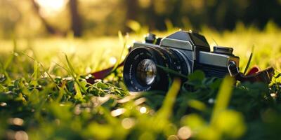 ai gegenereerd retro camera in groen gras generatief ai foto