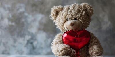 ai gegenereerd teddy beer met een hartvormig bal Valentijnsdag dag generatief ai foto