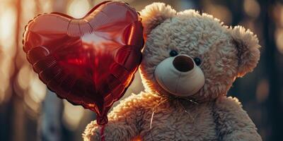 ai gegenereerd teddy beer met een hartvormig bal Valentijnsdag dag generatief ai foto
