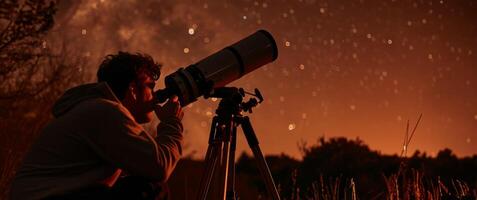ai gegenereerd een amateur astronoom looks door een telescoop Bij de sterrenhemel lucht generatief ai foto
