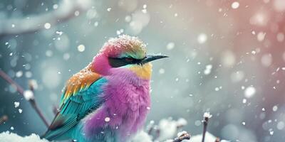 ai gegenereerd veelkleurig klein vogel Aan een Afdeling Aan een winter achtergrond generatief ai foto