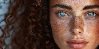 vrouw met krullen en blauw ogen detailopname portret foto