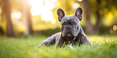 Frans bulldog Aan de gras detailopname foto