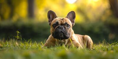 Frans bulldog Aan de gras detailopname foto