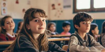 schoolkinderen Bij hun bureaus in de klas foto