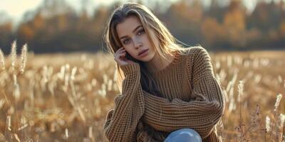 vrouw in een gebreid trui in een herfst veld- foto