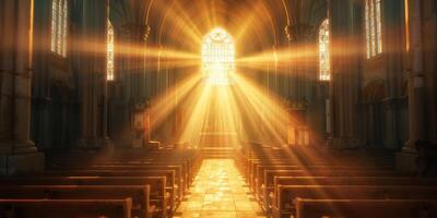 helder stralen van licht doordringend door de ramen van de kerk foto