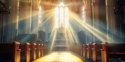 helder stralen van licht doordringend door de ramen van de kerk foto