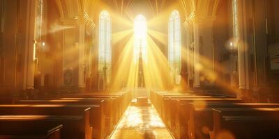 helder stralen van licht doordringend door de ramen van de kerk foto