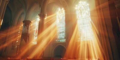 helder stralen van licht doordringend door de ramen van de kerk foto