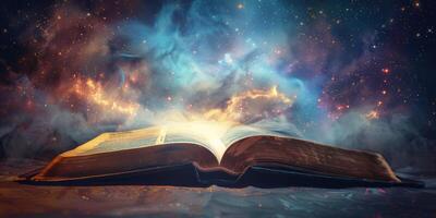 Open Bijbel tegen de achtergrond van de kosmisch lucht foto