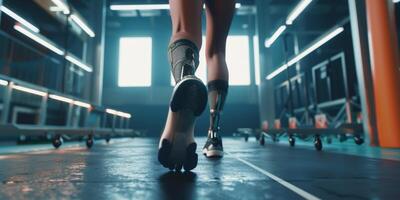 gehandicapt persoon met prothese jogging foto