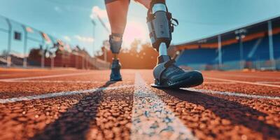 gehandicapt persoon met prothese jogging foto