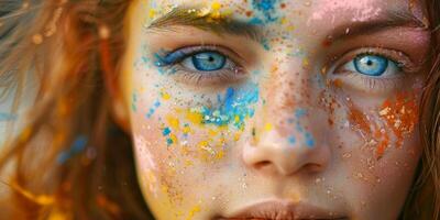 portret van een meisje Bij een partij met kleurrijk stof foto