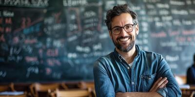 portret van een mannetje leraar in de klas foto