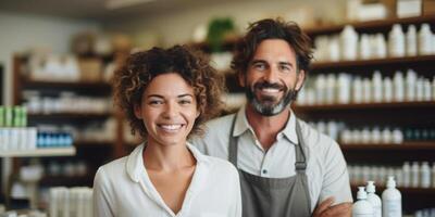 vrouw en mannetje supermarkt arbeiders foto