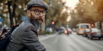 Mens met een baard en bril Aan een fiets in de stad foto
