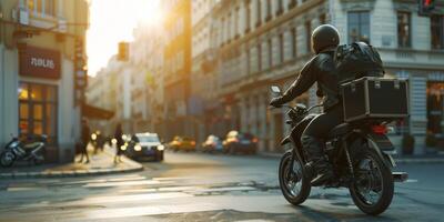 koerier levert pakketten in de omgeving van de stad Aan een motorfiets foto