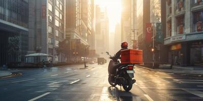 koerier levert pakketten in de omgeving van de stad Aan een motorfiets foto