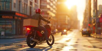 koerier levert pakketten in de omgeving van de stad Aan een motorfiets foto