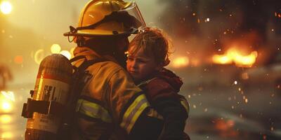 genebrandweerman bespaart een kind van een brand rationeel ai foto