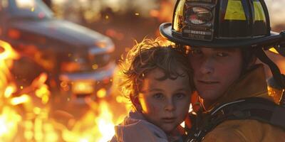 genebrandweerman bespaart een kind van een brand rationeel ai foto