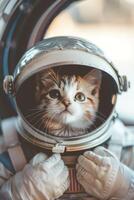 kat in een ruimtepak in ruimte foto