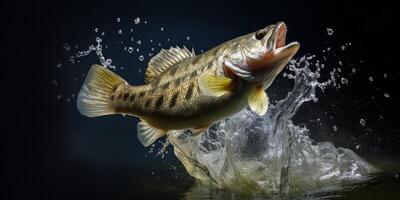 Largemouth bas jumping uit van de water spatten foto