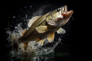 Largemouth bas jumping uit van de water spatten foto