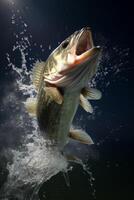 Largemouth bas jumping uit van de water spatten foto