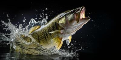 Largemouth bas jumping uit van de water spatten foto