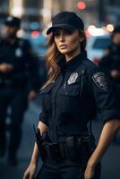 vrouw Politie officier Aan een stad straat foto