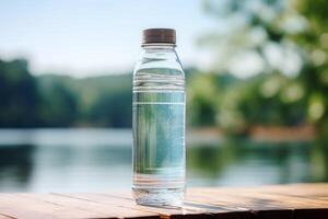 schoon drinken water in een fles tegen de achtergrond van een meer en bergen foto