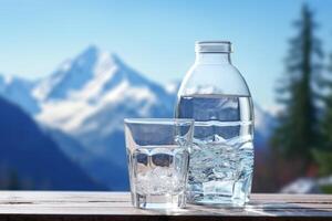 schoon drinken water in een fles tegen de achtergrond van een meer en bergen foto