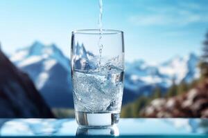 schoon drinken water in een fles tegen de achtergrond van een meer en bergen foto