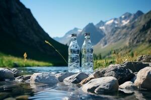schoon drinken water in een fles tegen de achtergrond van een meer en bergen foto