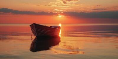 leeg boot Aan de meer Bij zonsondergang foto