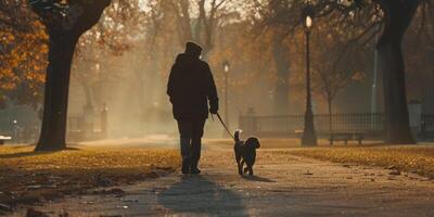 Mens wandelen zijn hond in de park foto