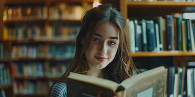 meisje lezing een boek in de bibliotheek foto