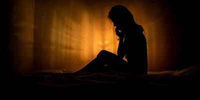 depressief meisje silhouet tegen venster achtergrond foto