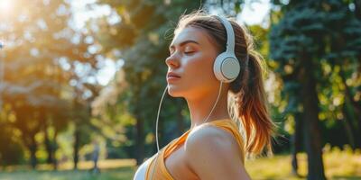 meisjes ochtend- jogging met hoofdtelefoons foto