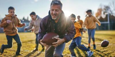 trainer treinen kinderen in Amerikaans Amerikaans voetbal foto