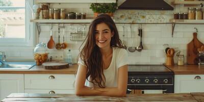 jong vrouw zittend in de keuken en glimlachen foto