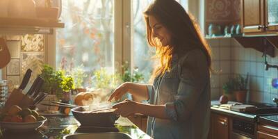 vrouw die in de keuken kookt foto