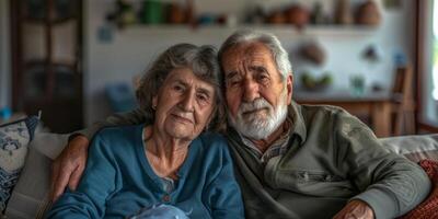 ouderen paar Aan de sofa Bij huis foto