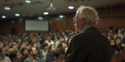 professor in publiek in voorkant van studenten foto